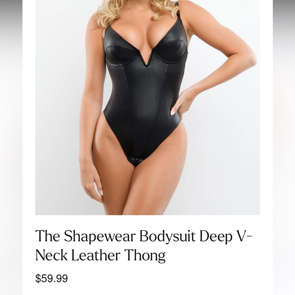 Popilush Shapewear Bodysuit Deep V-Neck Leather Thong